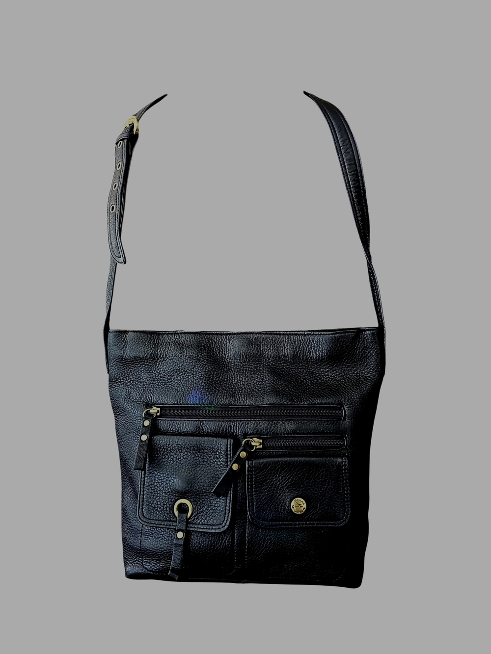 Stone Mountain Black Leather Shoulder Bag with Brass Hardware